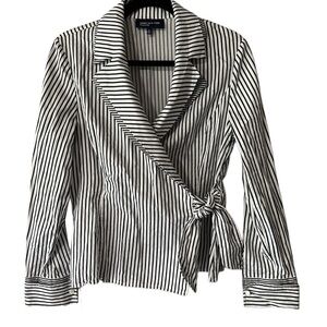 Jones New York Black and White Striped Collared Tie Blouse